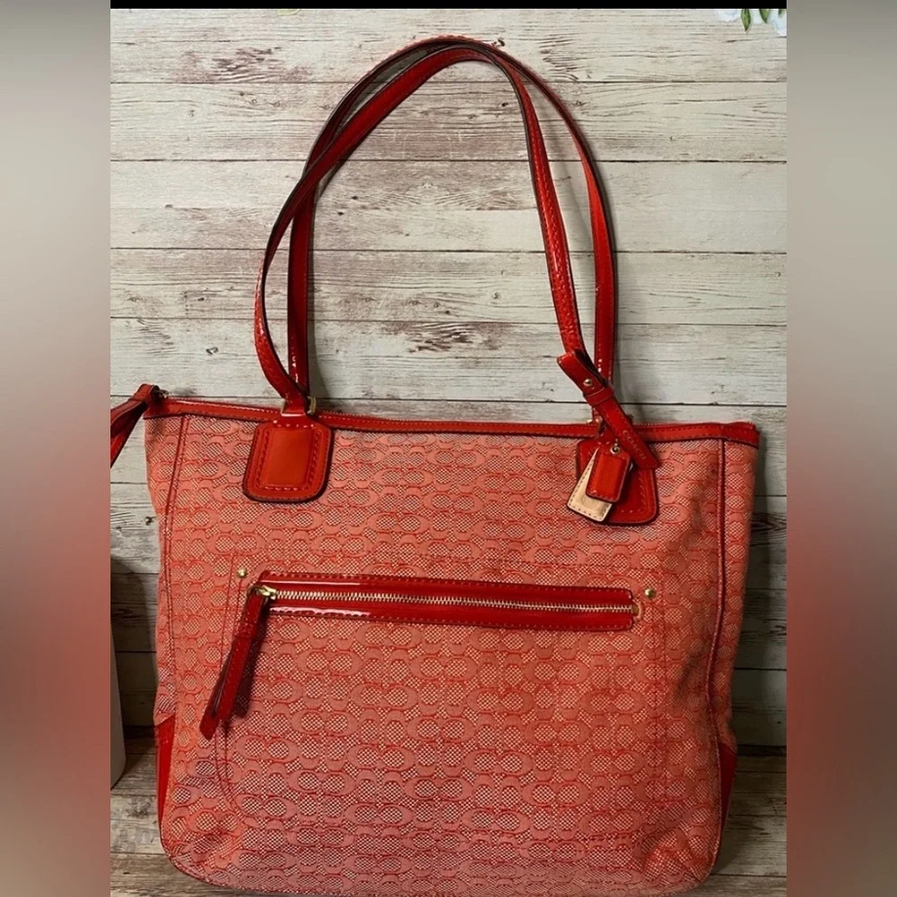 Coach Signature Jacquard Zip Top Designer Tote Poppy Red C1359-25051 EUC - Picture 1 of 12